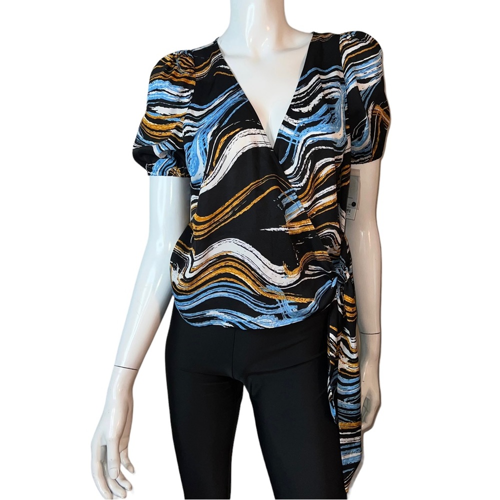 Nine West Abstract Print Short Sleeve V-Neck Blue Black & Brown Wrap Blouse